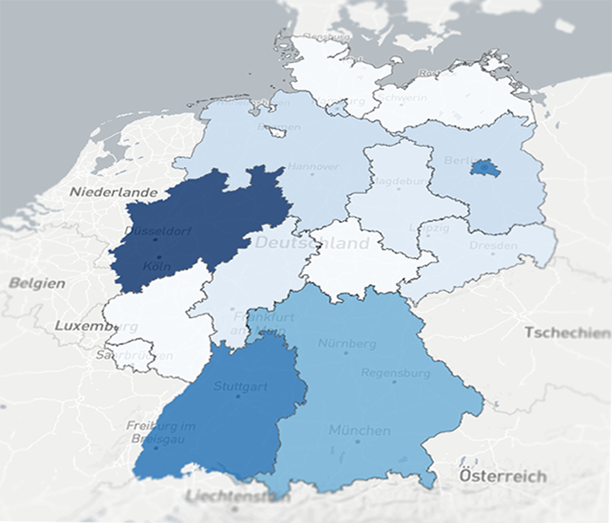 Landkarte von Deutschland, die einzelnen Bundesländer sind eingefärbt